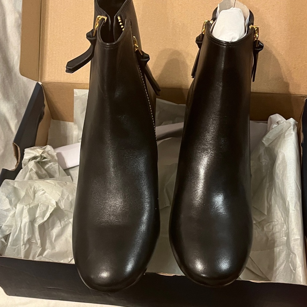 Cole Haan Black Leather Ankle Booties with Gold Accent